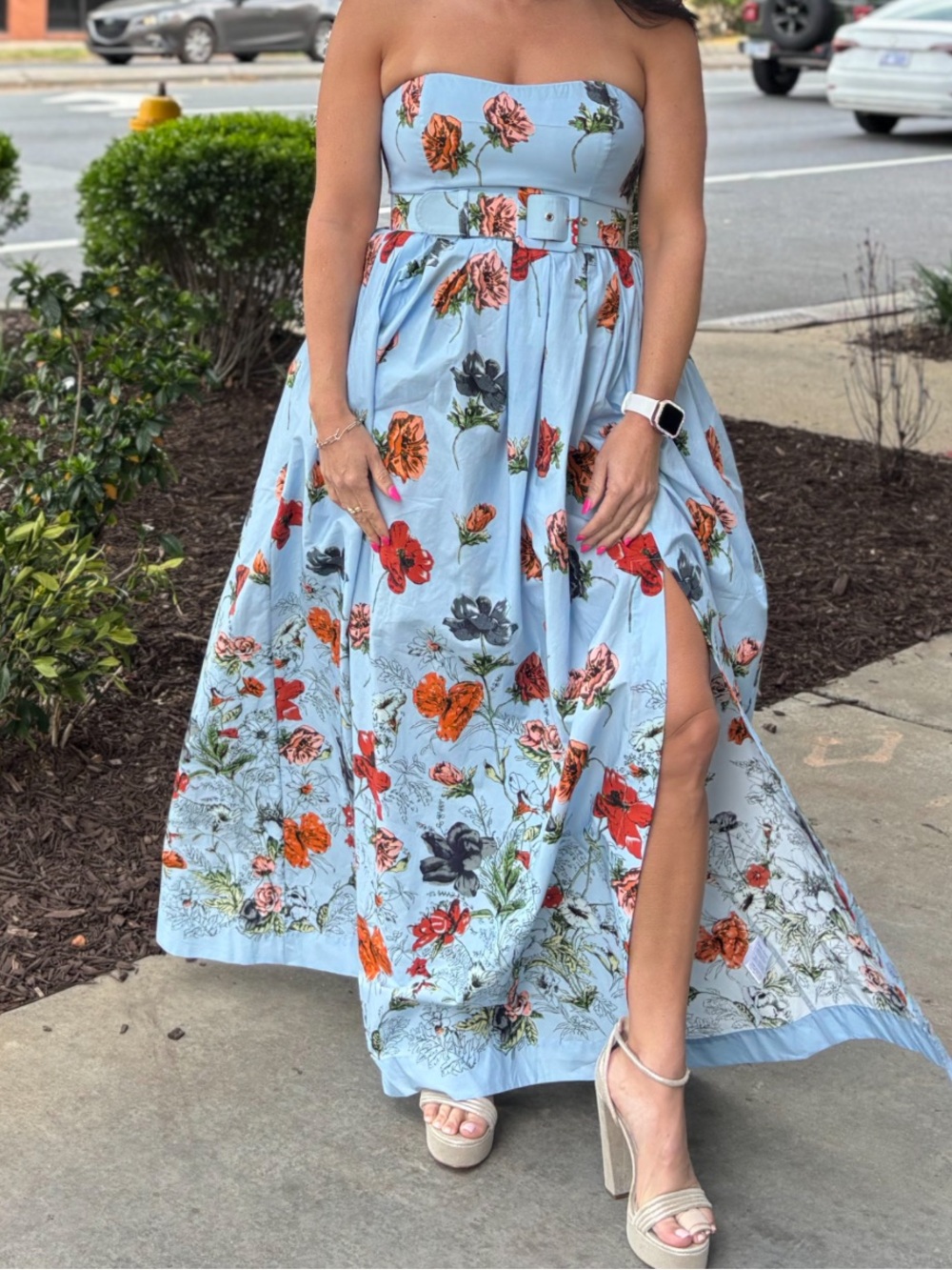 Cara Cara Light Blue Floral Strapless Belted Maxi Dress